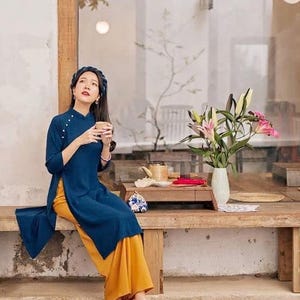 Plain Navy Blue Ao Dai Modern | Pre-made Vietnamese Ao Dai With Gold Pants | Ao Dai For Women | Ao Dai For Tết  | Ao Dai Cach Tan