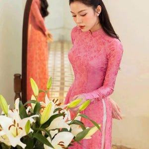 JESSICA Pink Vietnamese Ao Dai: Traditional Wedding Festival Dress (With Pants)