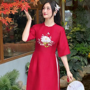 Chrysanthemum Red Modernized Ao Dai | Pre-made Vietnamese Long Dress | Vietnamese Ao Dai | Ao Dai for Women | Lunar New Year