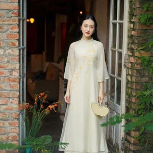 Cream Floral Embroidery Ao Dai Vietnam| Pre-made Gold Floral Ao Dai | Ao Dai Women | Vietnamese Ao Dai Set | Vietnamese Long Dress