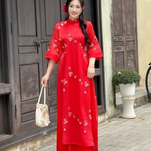 Millan Floral Red Ao Dai With Pants | Vietnamese Traditional Ao dai | Vietnamese Long Dress | Ao Dai Uniform | Ao Dai for Bridesmaids