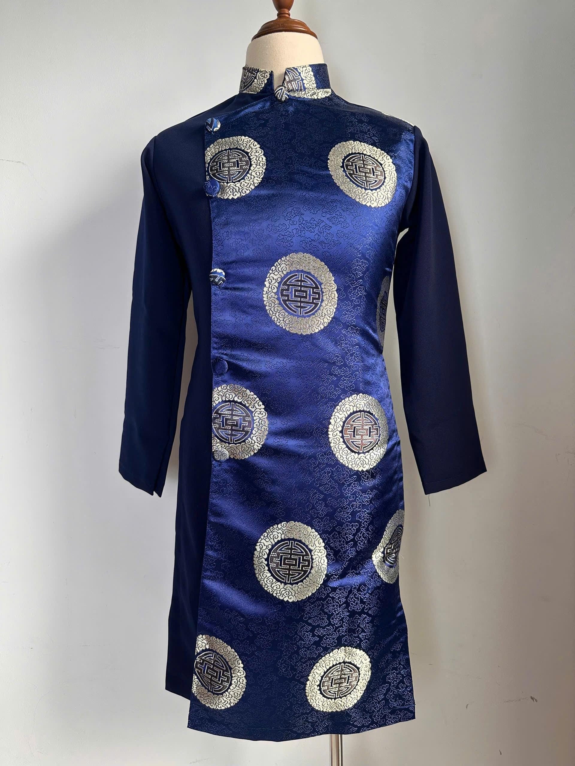 Navy Blue Brocade Ao Dai For Men| Traditional Vietnamese Long Dress Button Detail | Vietnamese Men's Ao Dai | Ao Dai For Tet