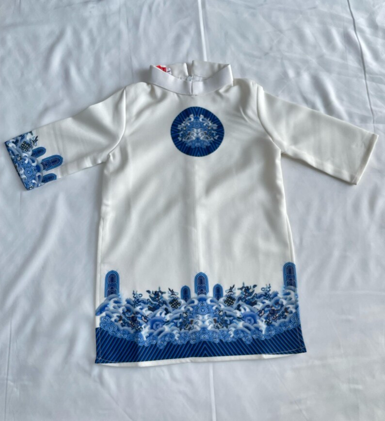 Vietnamese Ao Dai White & Blue Pattern | Traditional Children Ao Dai ...