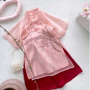 Pink Blossom Ao Dai For Baby Girls | Vietnamese Traditional Ao Dai | Kids Ao Dai Tet | Ao Dai Set With Headpiece | Ao Dai For Toddlers