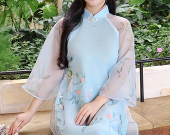 アクアブルーの花柄ベトナムアオザイドレスとパンツ #TA235 - Etsy 日本