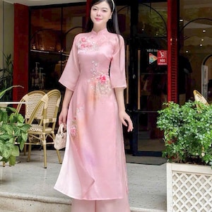 Luxury Pink Ao Dai Embroidery | Pre-made Modernized Vietnamese Ao Dai | Women&#39;s Ao Dai Set | Lunar New Year | Vietnamese Ao Dai For Events