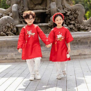 Red Vietnamese Ao Dai For Boys | Áo Dài Bé Trai | Ao Dai Vietnam | Birds Ribbon Ao Dai For Kids | Family Ao Dai | Vietnamese Long Dress