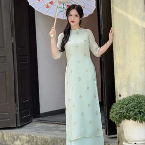 Light Green Snowflake Ao Dai Vietnam - NO PANTS | Modern Vietnamese Ao Dai | Vietnamese Ao Dai | Ao Dai For Wedding, Bridesmaid, Festival