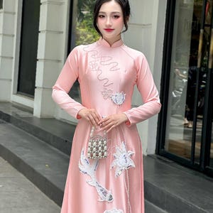 Elegant Vietnamese Traditional Ao Dai Dress- NO Pants |Vietnamese Ao Dai with Hand-beading crystals | Bridal Ao Dai | Wedding Vietnamese