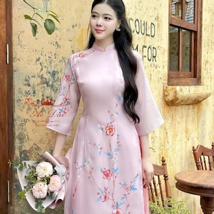 Light Pink Sparkle Spring Ao Dai | Pre-made Traditional Vietnamese Ao Dai | Vietnamese Long Dress | Lunar New Year | Ao Dai Included Pants