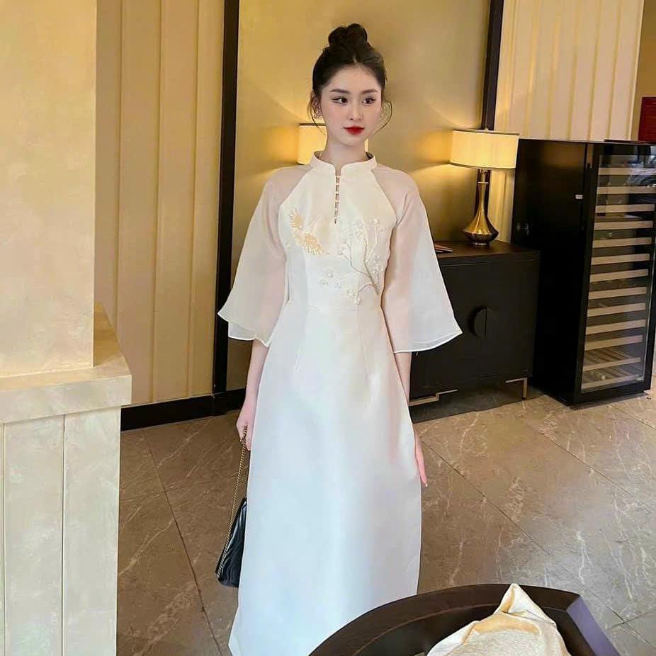 White Crane Beaded Ao Dai | Pre-made Modern Ao Dai Set | Ao White Crane Beaded Ao Dai | Pre-made Modern Ao Dai Set | Ao