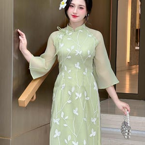 Green Modernized Ao Dai with Sheer Sleeves | Vietnamese Modernized Ao Dai | Ao Dai For Women | Bridesmaid Ao Dai | Ao Dai Wedding