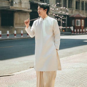 Cream Mint Taffeta Ao Dai For Men: Vietnamese Traditional Outfit - Groomsmen Ao Dai - Men Vietnamese Outfit