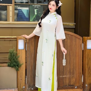 White Mini Floral Ao Dai with Wide Sleeves | Vietnamese Modernized Dress | Wedding Vietnamese | Ao dai For Special Events | Ao Dai up to 10X