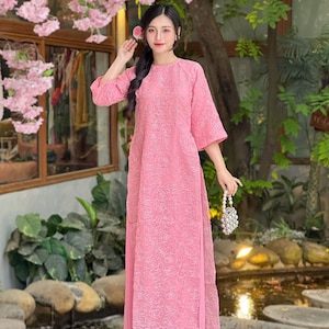 Strawberry Pink Rose Ao Dai- With Pants | Vietnamese Modern Ao Dai | Ao Dai For Women | Ao Dai For Wedding | Vietnamese Long Dress