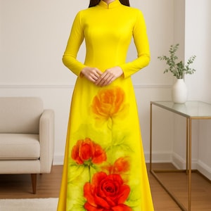 Vietnamese Ao Dai with 3D Printed– Traditional Long Dress for Women – Full Set Ao Dai for Wedding, Tet, and Celebrations | Ao Dai Vietnam