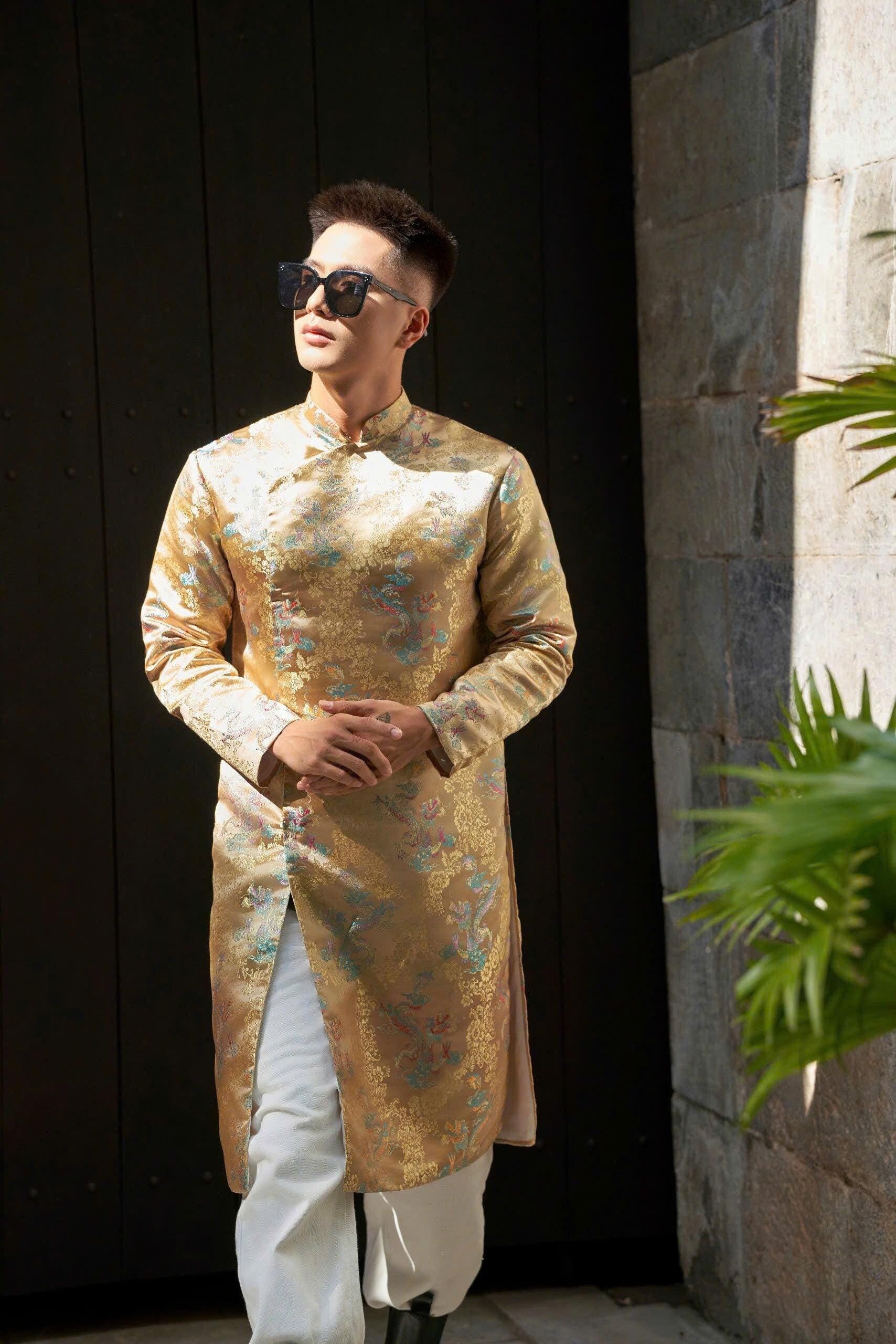 Men Ao Dai Vietnam | Golden Vietnamese Modernized Ao Dai Men Men Ao Dai Vietnam | Golden Vietnamese Modernized Ao Dai Men