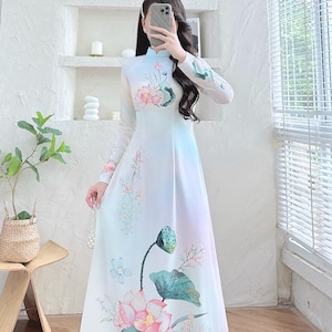 Lotus Print Silk Ao Dai Dress - Vietnamese Traditional Dress - with Pants