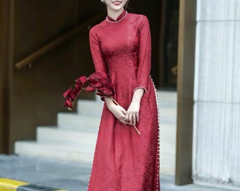 Pre-made Red Ao Dai Vietnam - Áo Dài Lụa Đinh Hương -  Beaded Ao Dai Women