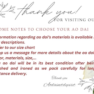 May include: A decorative card with the text "Thank you!" and "For visiting our site!" in elegant script. It includes notes about ao dai materials, size charts, and care instructions. Floral accents in blue and white complete the design.