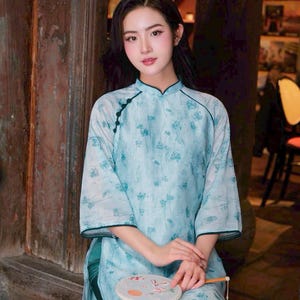 Light Blue Floral Vietnamese Ao Dai Dress – Elegant Long Dress for Women – Traditional Vietnamese Outfit – New Year, Wedding, Photoshoot