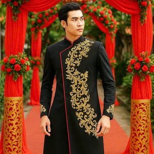 Traditional Vietnamese Men’s Wedding Attire in Black with Gold Embroidery | Vietnamese Ao Dai For Men | Men Ao Dai Vietnam