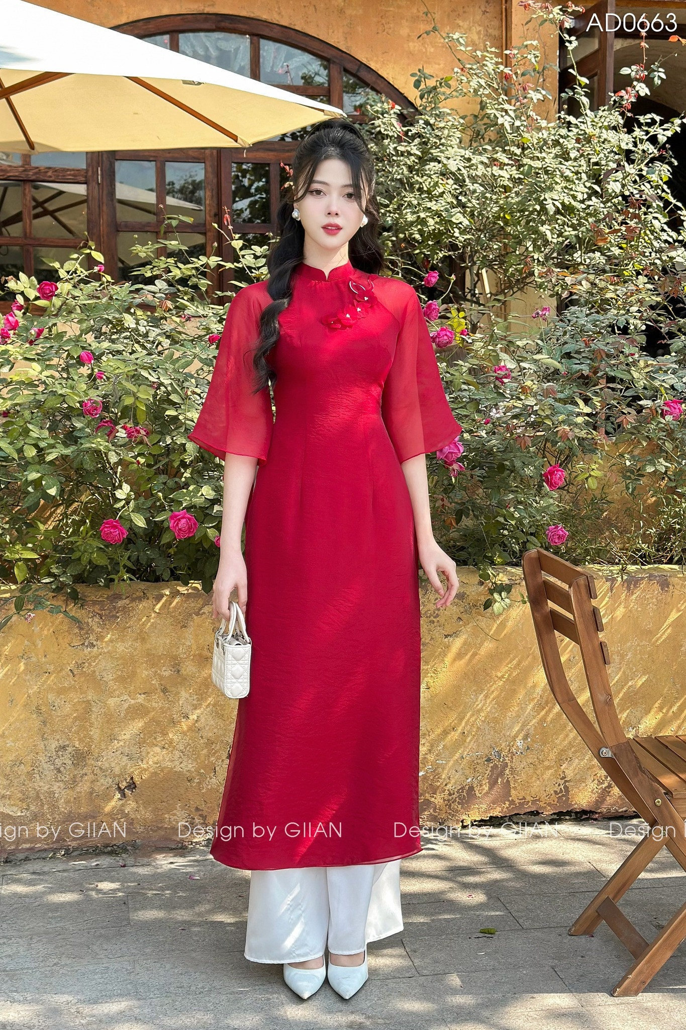 Ao Dai Vietnamese with Pants. Lụa Pháp In 3D,Size S ( B 85
