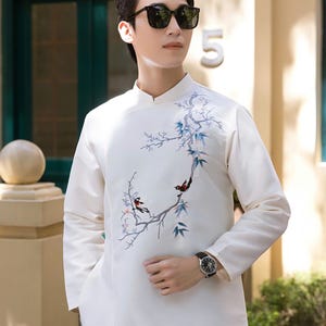 Cream Men Ao Dai Vietnam | Ao Dai For Men | Modern Ao Dai For Men | Men Ao Dai For Wedding, Special Event | Men Vietnamese Long Dress