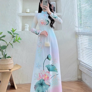 Lotus Print Seide Ao Dai Kleid - Vietnamesisches traditionelles Kleid - mit Hosen