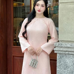 Pink Shifted Brocade Ao Dai - NO Pants | Vietnamese Ao Dai with Bamboo pattern | Wedding Vietnamese | Women Vietnamese Ao Dai Dress