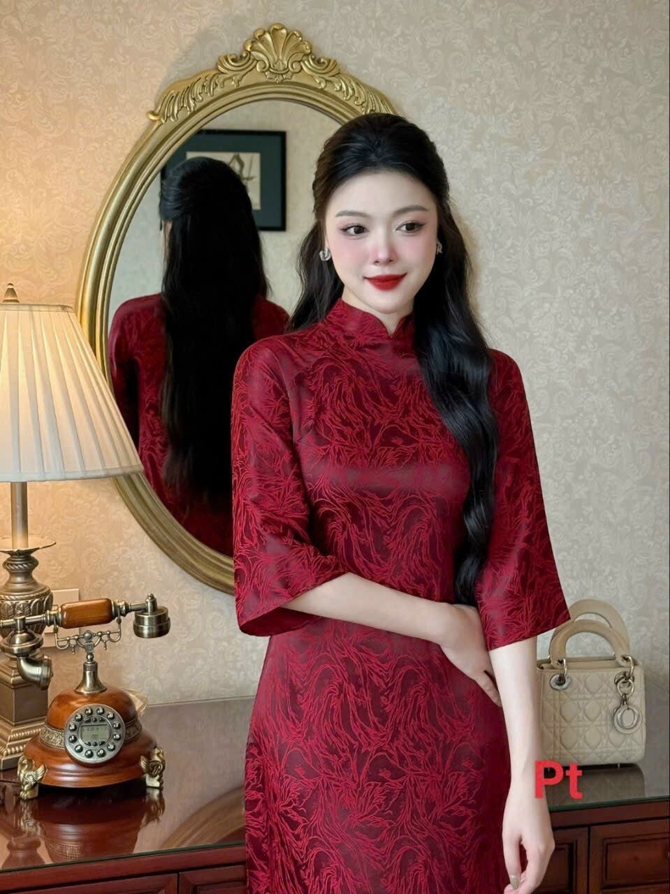 Dark Red Ao Dai With Cream Pants | Vietnamese Long Dress | Traditional Outfit with Wide Sleeves | Silk Ao Dai Vietnam