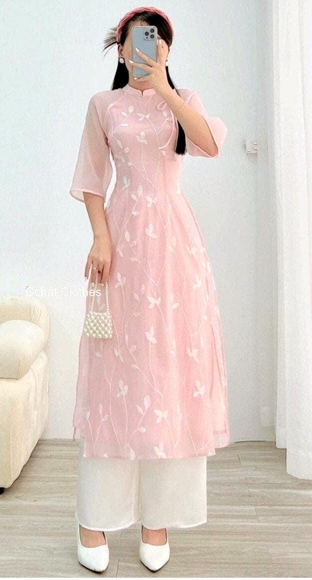 Pink & Green Modernized Ao Dai with Floral Embroidery | Vietnamese Modernized Ao Dai | Ao Dai For Women | Bridesmaid Ao Dai | Ao Dai Wedding