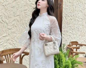 White Pink Lace Double Layers Ao Dai Set | Modernized Ao Dai For Women | Dress Ao Dai Girls | Viet Dress | Bridesmaids Ao Dai | Ao Dai Dress