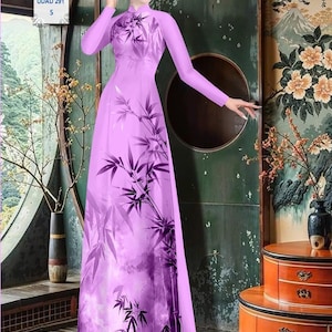 May include: A long, lavender dress with long sleeves and a high collar. The dress features a bamboo leaf pattern in shades of purple. The image also includes a sign that reads "UDAD 291 5".