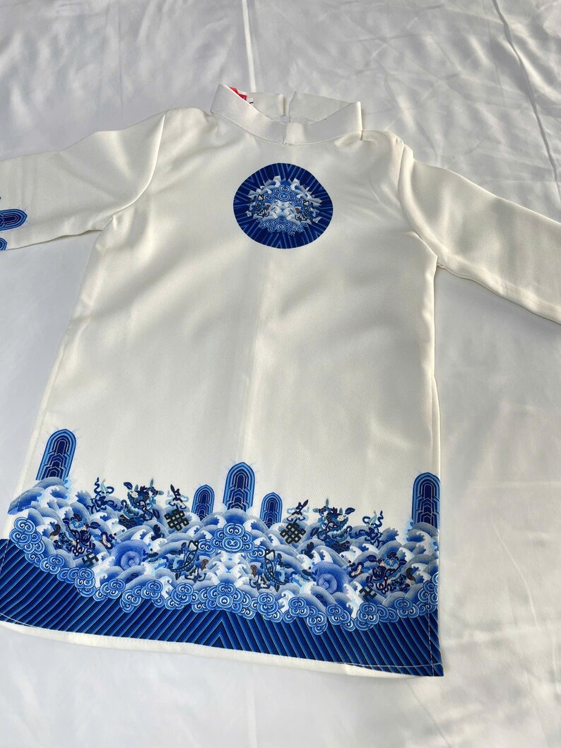 Vietnamese Ao Dai White & Blue Pattern | Traditional Children Ao Dai ...