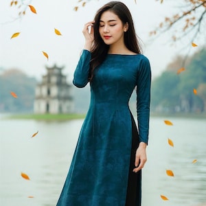 Ao Dai de seda índigo Phong Son de Vietnam: Traje tradicional vietnamita - Ao Dai para mujer - Ao Dai de cuello barco para mujer - Ao Dai para boda