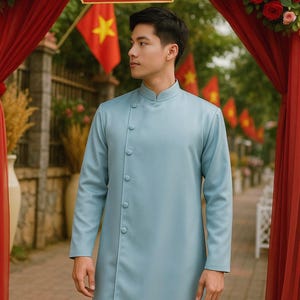 Vietnamese Men’s Ao Dai | Light Blue Traditional Outfit for Wedding | Groomsmen Áo Dài Cưới Nam Truyền Thống Màu Xanh Pastel | Áo Dài Rể Phụ