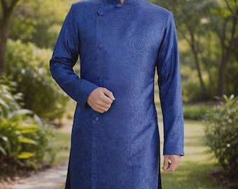 Marineblauwe brokaat Ao Dai – Traditionele Vietnamese lange jurk voor mannen - Ao Dai Tet