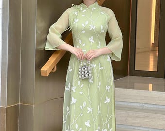 Green Ao Dai with Floral Embroidery & Bow Detail | Elegant Modernized Ao Dai Dress | Spring Tet Outfit for Women