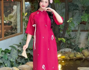Shifted Ao Dai With Mini Tie Bow | Red Floral Embroidered Ao Dai For Women | Ao Dai For Girls | Ao Dai For Tet | Vietnamese Dress | S-7XL
