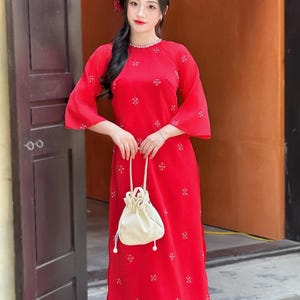 Red Snowflake Silk Ao Dai: Modern Vietnamese Dress (No Pants)