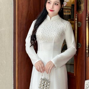 White Vietnamese Traditional Ao Dai | Bride Ao Dai Dress | Ao Dai For Women | Ao Dai For Special Events | Áo Dài Lụa Cao Cấp - No Pants