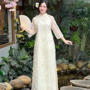 Cream Floral Embroidered Silk Ao Dai Top - Vietnamese Traditional Dress