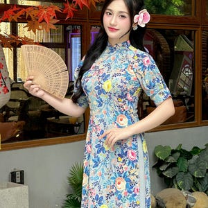 Silver Short Sleeves Ao Dai For Women | Pre-made Vietnamese Traditional Ao Dai | Ao Dai For Girls | Ao Dai Included Pants | Lunar New Year