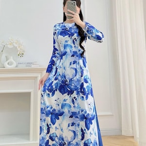 Ao Dai Lua Thai Tuan Silk Blue  | Ao Dai Design with Print Flowers | Traditional Long Dresses Vietnamese | Pants included | Ao Dai Vietnam