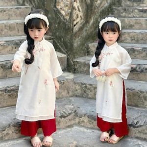 Kids White & Green Ao Dai - Vietnamese Silk Dress