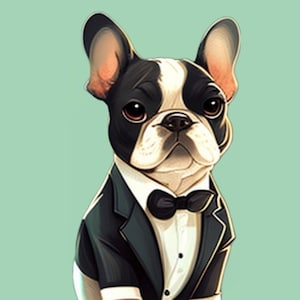 Kawaii Style Cute French Bull Dog in Tux Aufkleber für Laptops, Handys, Notebooks usw. Die Aufklebergrößen variieren leicht.
