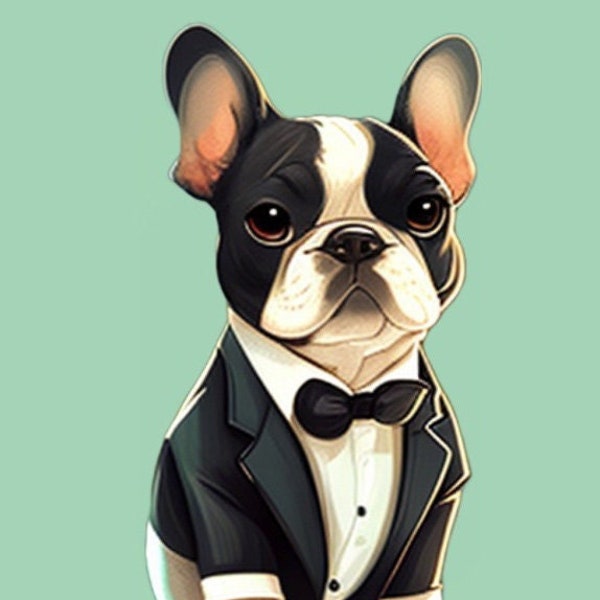 Kawaii Style Cute French Bull Dog in Tux Sticker for laptops, phones, notebooks, etc. Sticker sizes vary slightly.