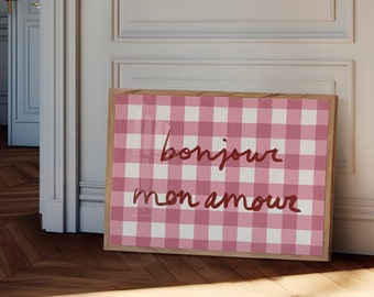 Bonjour Mon Amour-print: roze gingham-muurkunst (digitale download)