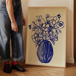 Impresión de jarrón moderno, impresión floral abstracta, impresión de flores botánicas, impresión dibujada a mano, jarrón azul, decoración de pared moderna para el hogar, arte de pared imprimible